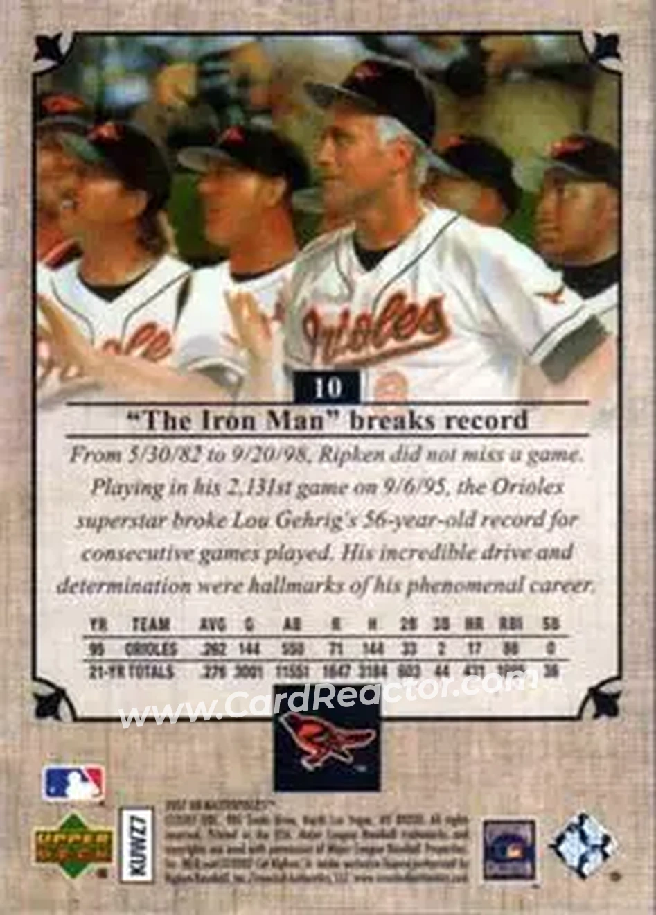 2007 Upper Deck Masterpieces #10 - Cal Ripken - Baltimore Orioles - Back