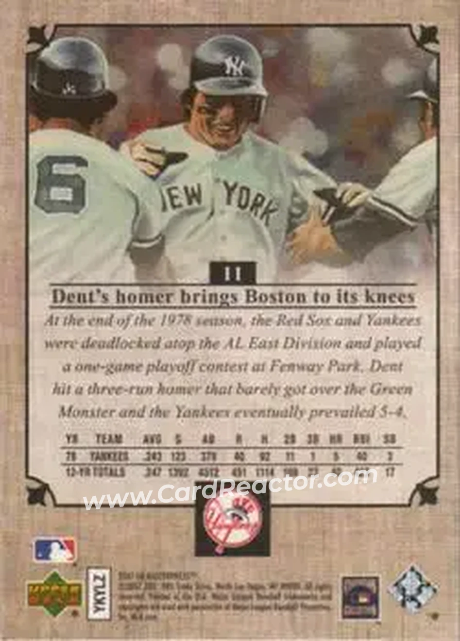2007 Upper Deck Masterpieces #11 - Bucky Dent - New York Yankees - Back 2007 Upper Deck Masterpieces #11 - Bucky Dent - New York Yankees - Back
