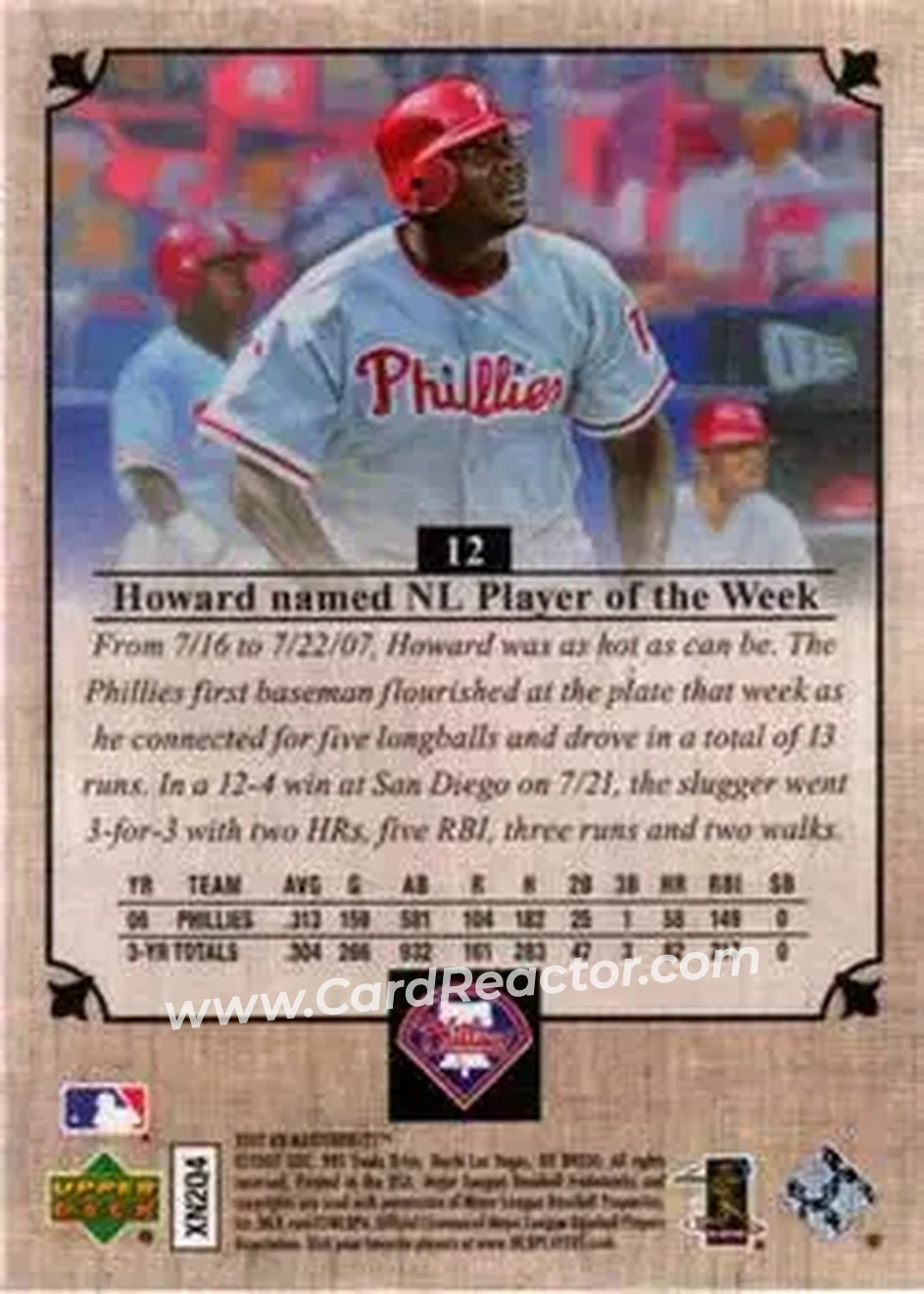 2007 Upper Deck Masterpieces #12 - Ryan Howard - Philadelphia Phillies - Back 2007 Upper Deck Masterpieces #12 - Ryan Howard - Philadelphia Phillies - Back