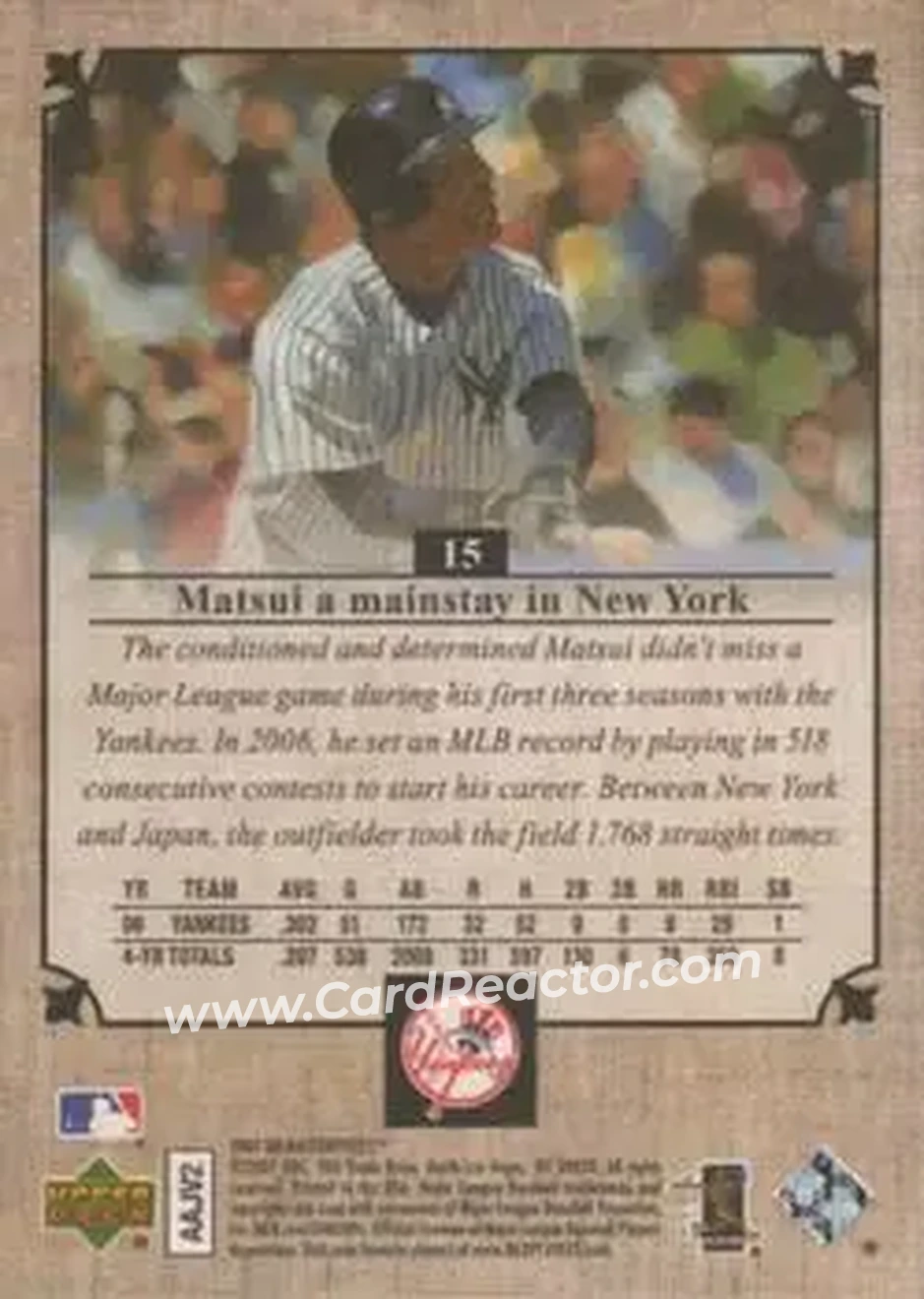 2007 Upper Deck Masterpieces #15 - Hideki Matsui - New York Yankees - Back 2007 Upper Deck Masterpieces #15 - Hideki Matsui - New York Yankees - Back