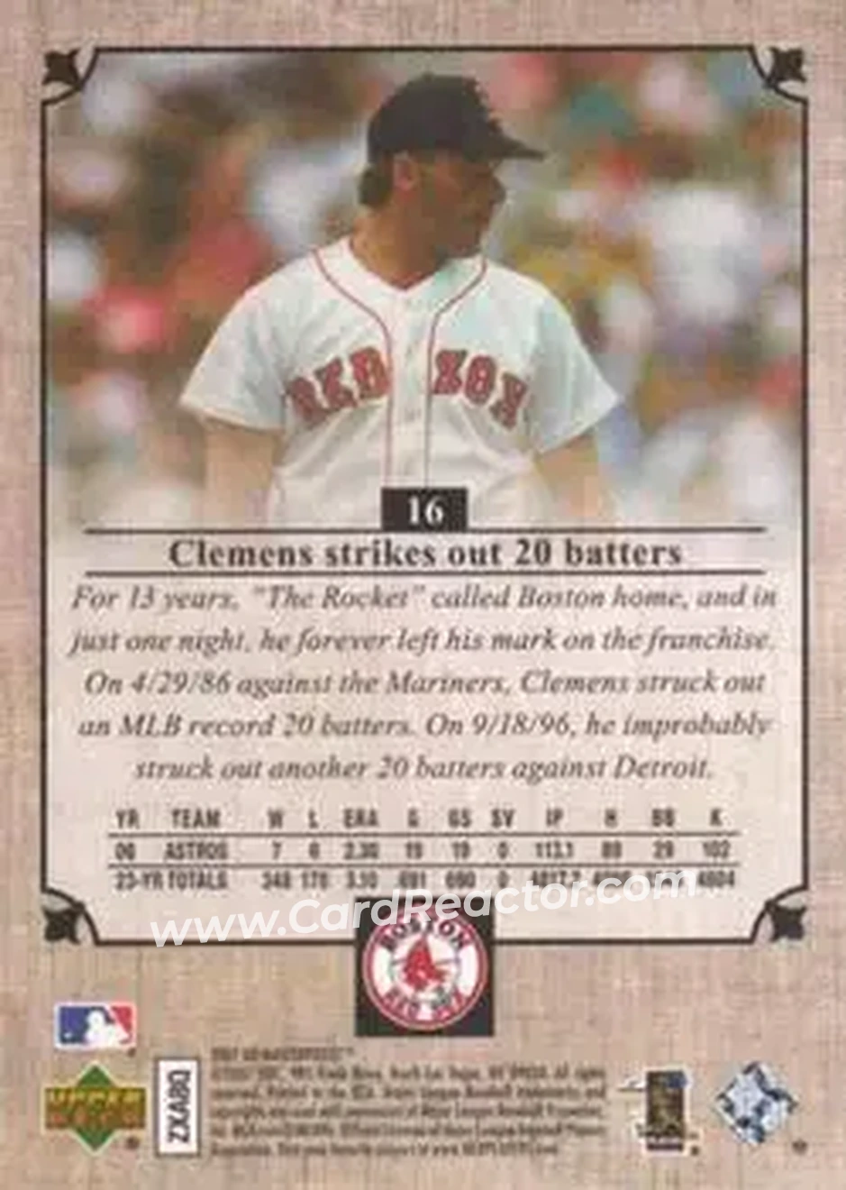 2007 Upper Deck Masterpieces #16 - Roger Clemens - Boston Red Sox - Back