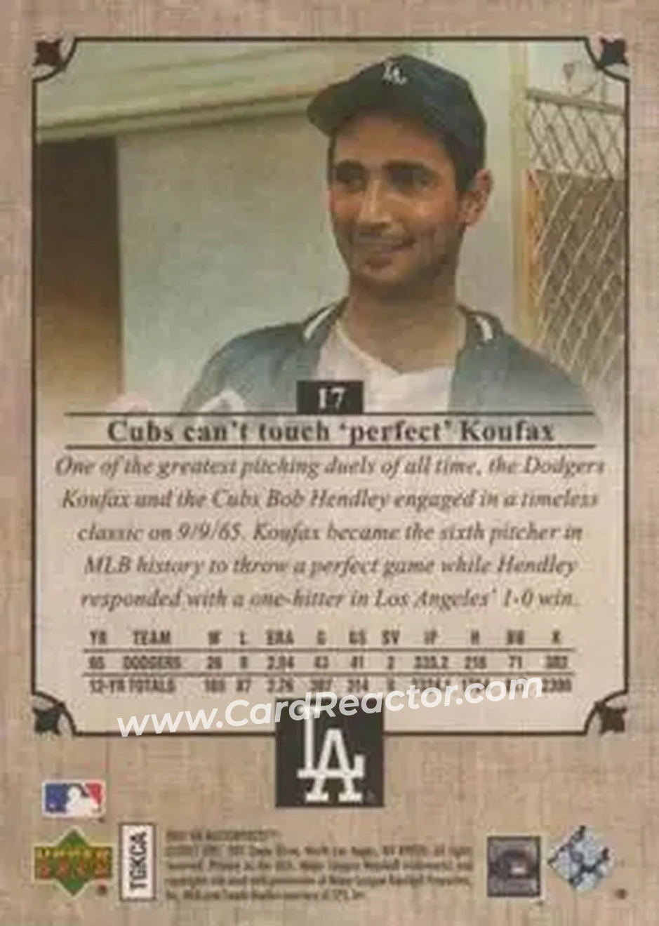 2007 Upper Deck Masterpieces #17 - Sandy" Koufax - Los Angeles Dodgers - Back