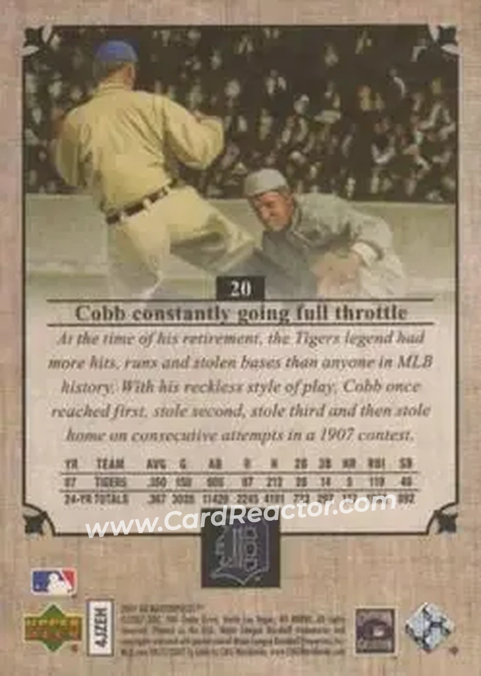 2007 Upper Deck Masterpieces #20 - Ty Cobb - Detroit Tigers - Back