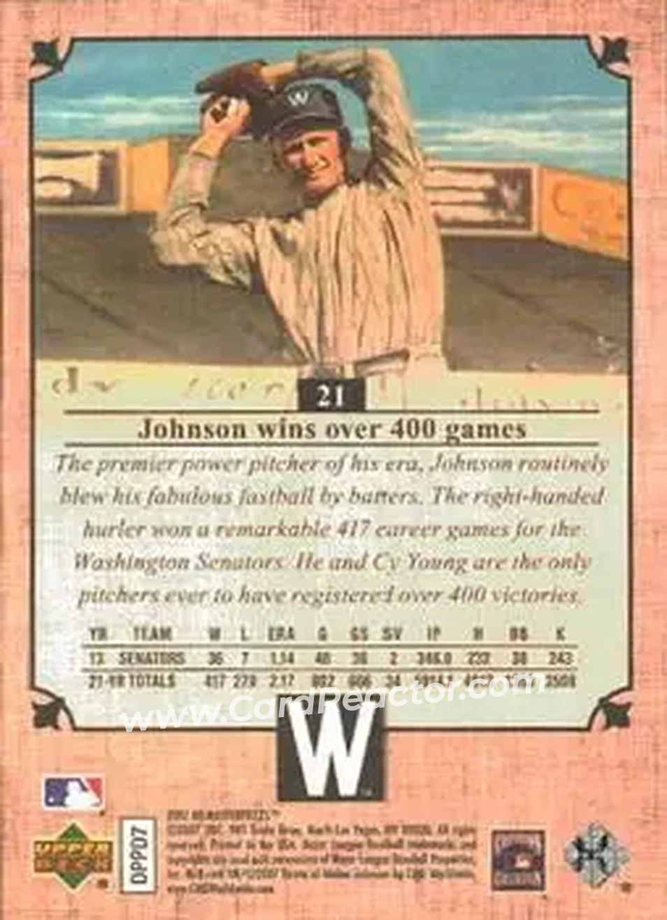 2007 Upper Deck Masterpieces #21 - Walter Johnson - Washington Senators - Back