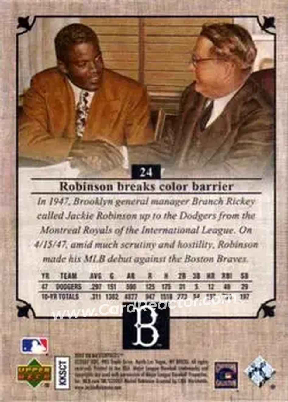 2007 Upper Deck Masterpieces #24 - Jackie Robinson - Brooklyn Dodgers - Back