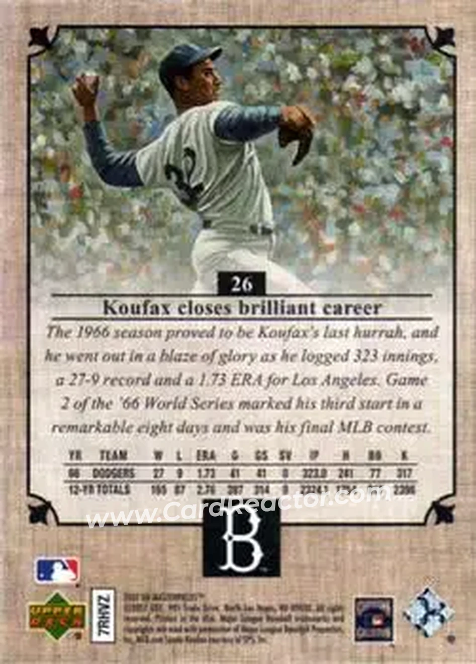 2007 Upper Deck Masterpieces #26 - Sandy" Koufax - Brooklyn Dodgers - Back