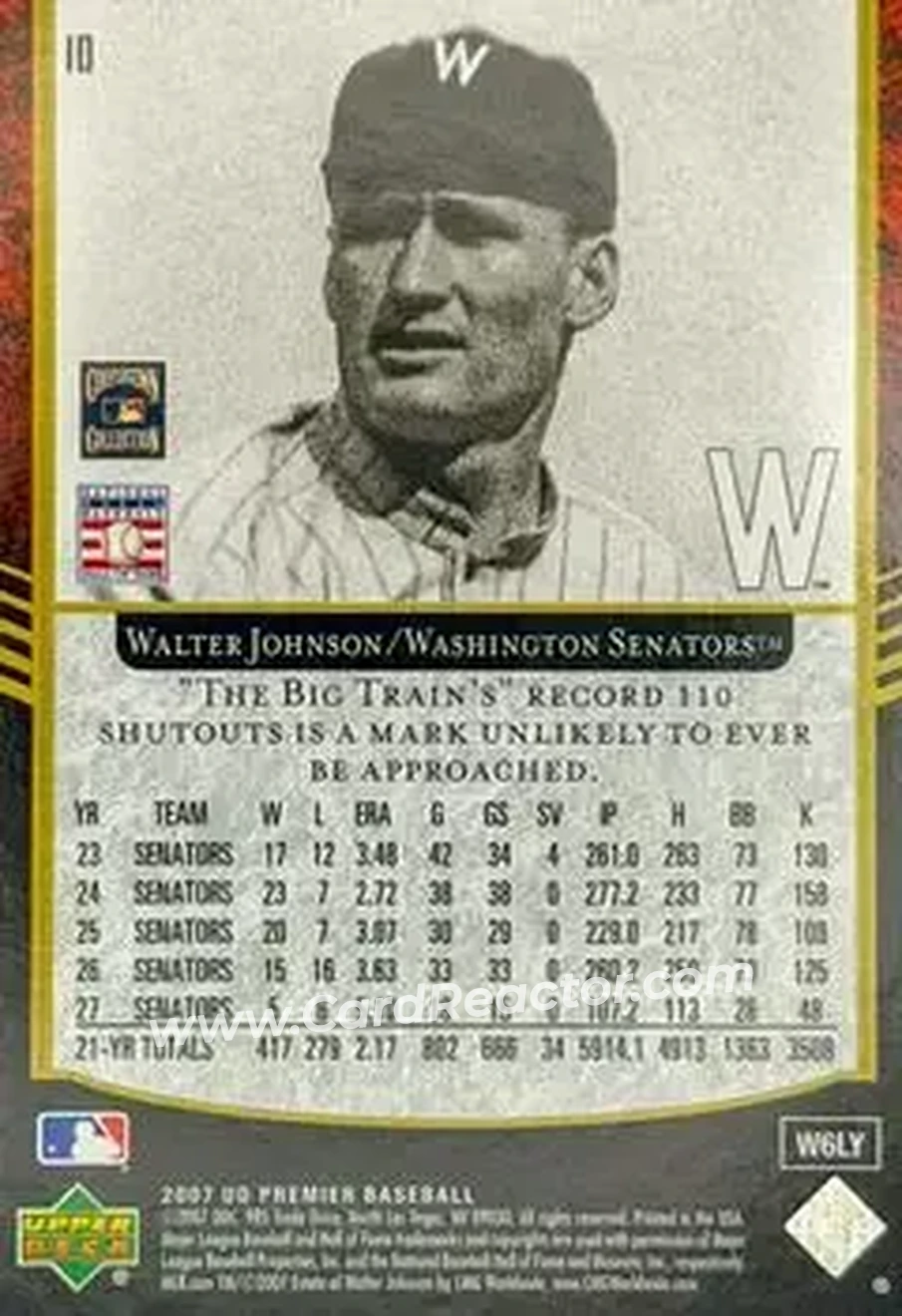 2007 Upper Deck Premier #10 - Walter Johnson - Washington Senators - Back
