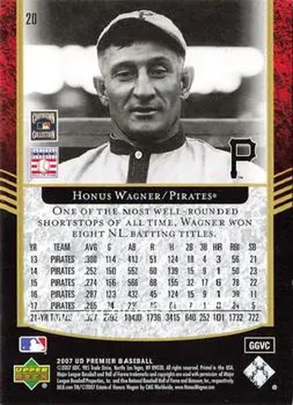 2007 Upper Deck Premier #20 - Honus Wagner - Pittsburgh Pirates - Back