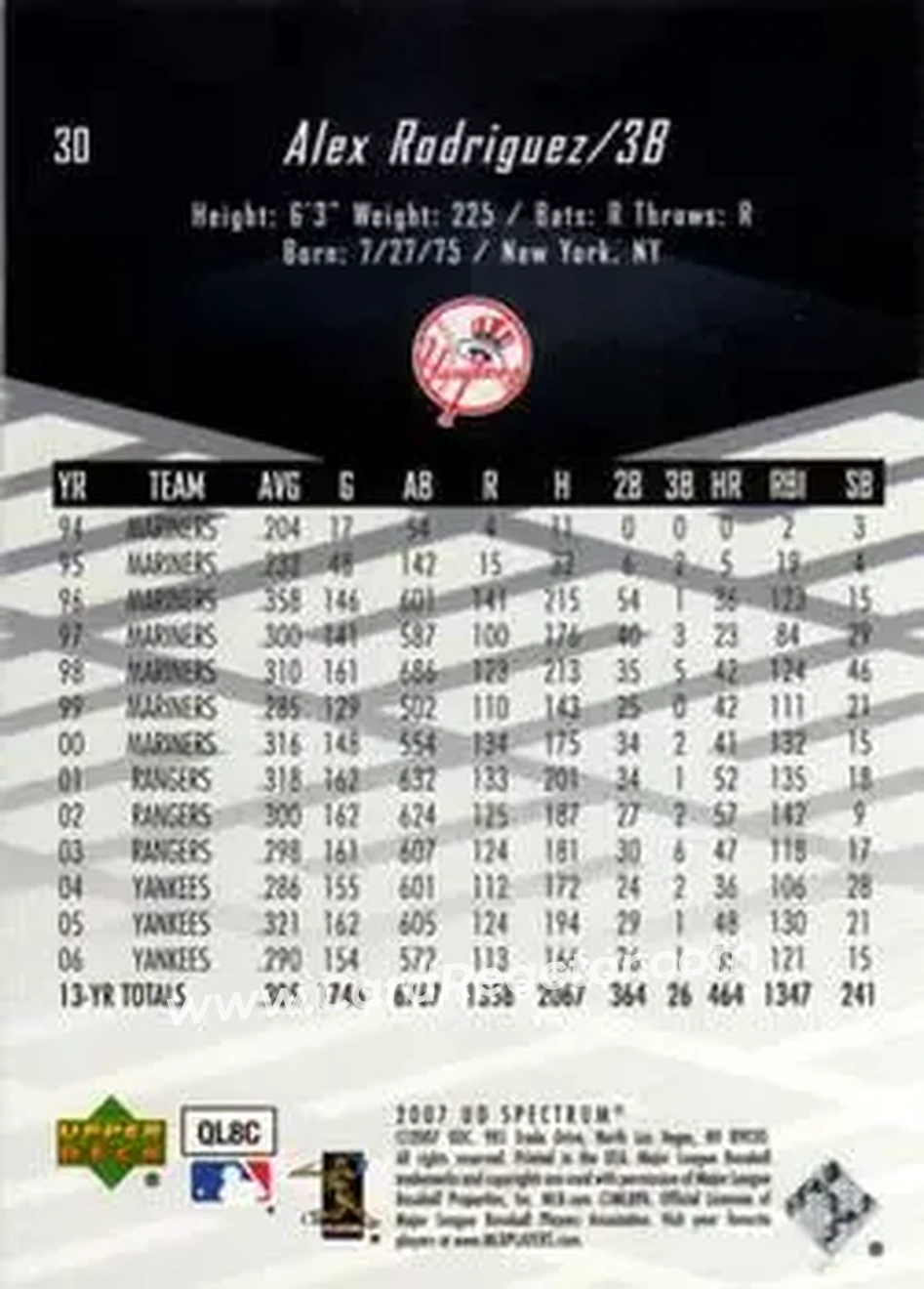 2007 Upper Deck Spectrum #30 - Alex Rodriguez - New York Yankees - Back