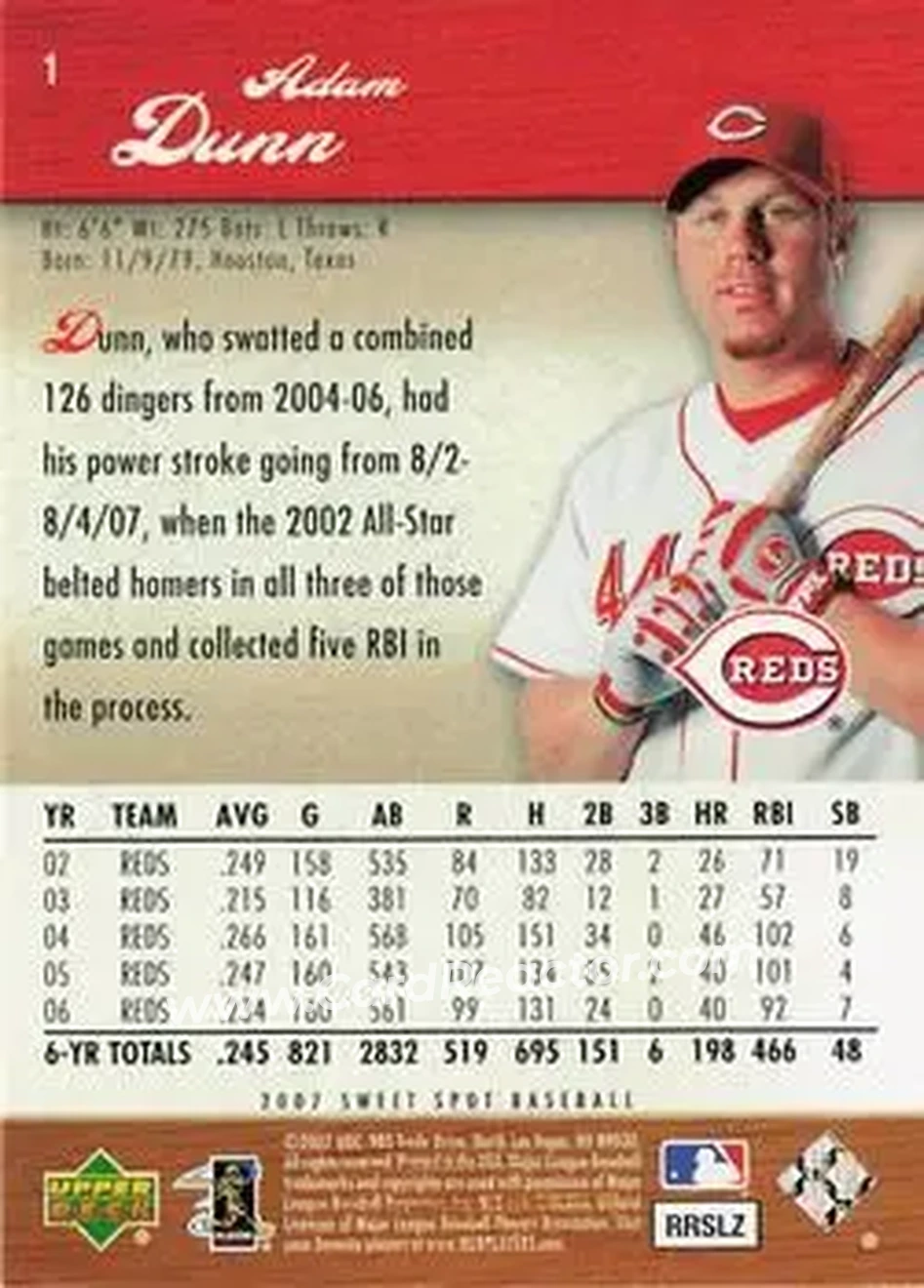 2007 Upper Deck Sweet Spot #1 - Adam Dunn - Cincinnati Reds - Back
