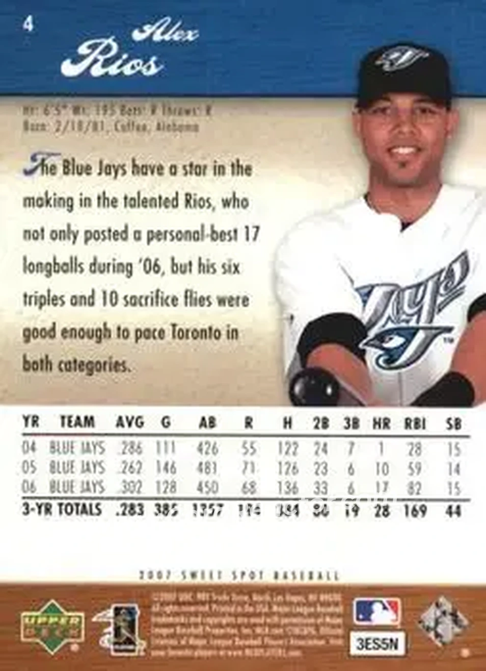 2007 Upper Deck Sweet Spot #4 - Alex Rios - Toronto Blue Jays - Back