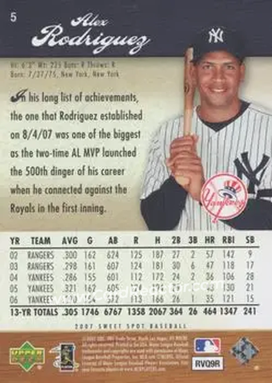 2007 Upper Deck Sweet Spot #5 - Alex Rodriguez - New York Yankees - Back