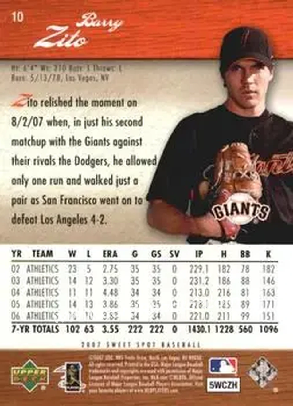 2007 Upper Deck Sweet Spot #10 - Barry Zito - San Francisco Giants - Back
