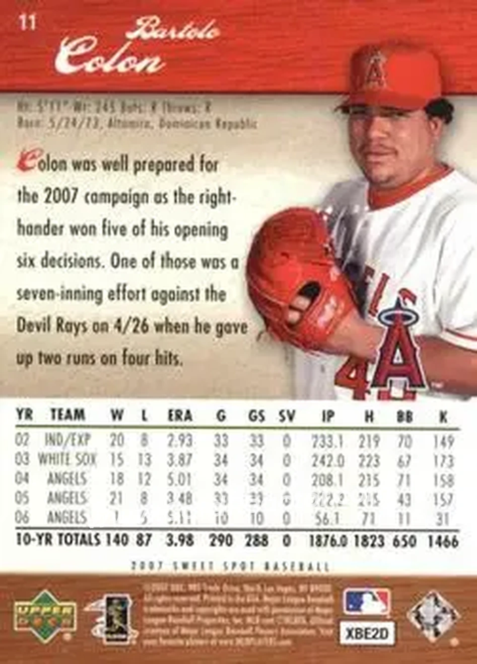 2007 Upper Deck Sweet Spot #11 - Bartolo Colon - Los Angeles Angels - Back