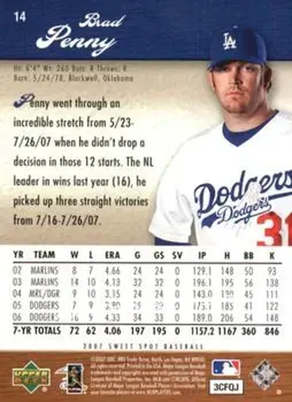 2007 Upper Deck Sweet Spot #14 - Brad Penny - Los Angeles Dodgers - Back 2007 Upper Deck Sweet Spot #14 - Brad Penny - Los Angeles Dodgers - Back