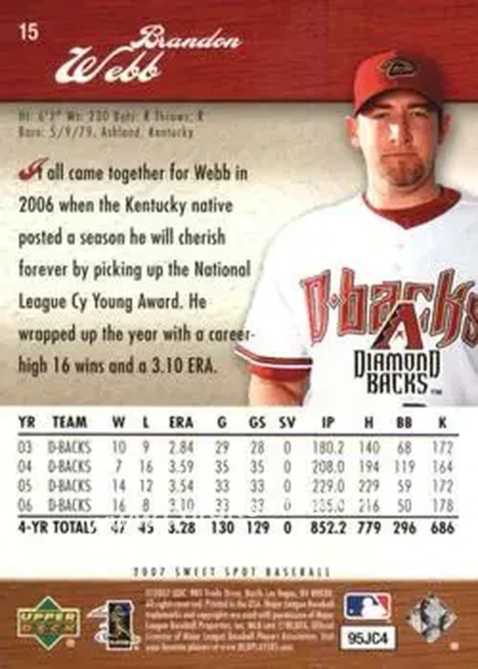 2007 Upper Deck Sweet Spot #15 - Brandon Webb - Arizona Diamondbacks - Back
