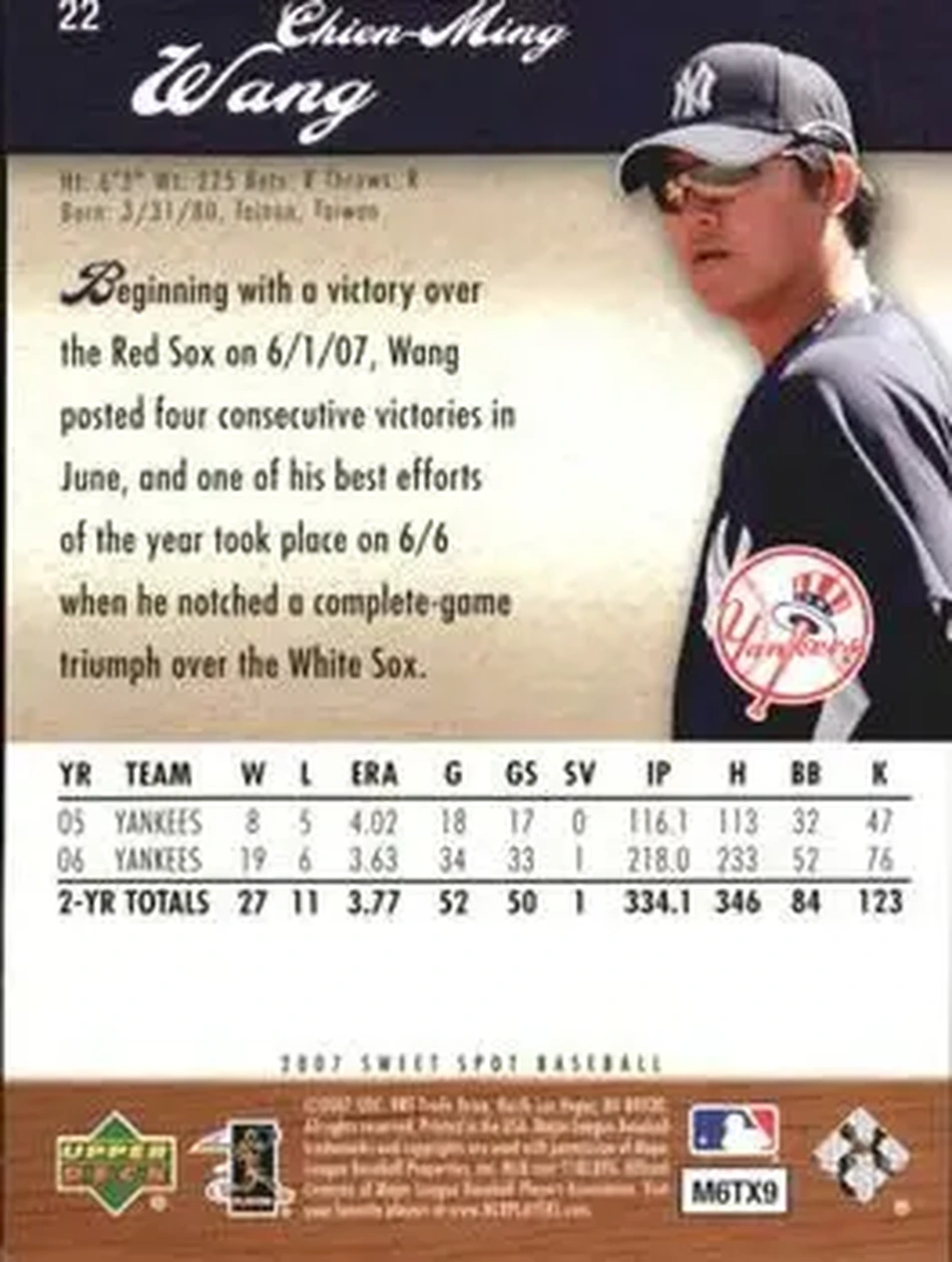 2007 Upper Deck Sweet Spot #22 - Chien-Ming Wang - New York Yankees - Back 2007 Upper Deck Sweet Spot #22 - Chien-Ming Wang - New York Yankees - Back