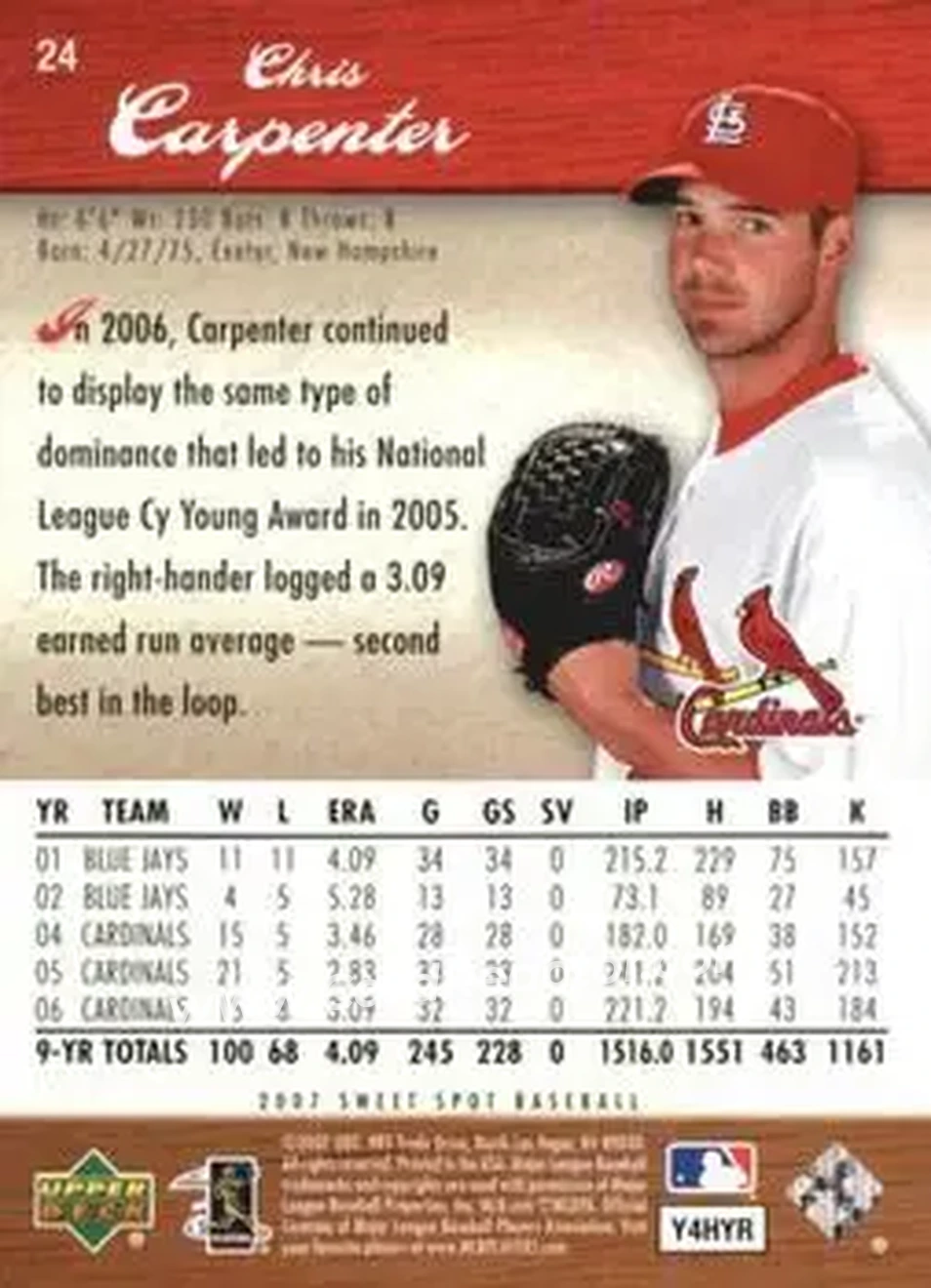 2007 Upper Deck Sweet Spot #24 - Chris Carpenter - St. Louis Cardinals - Back