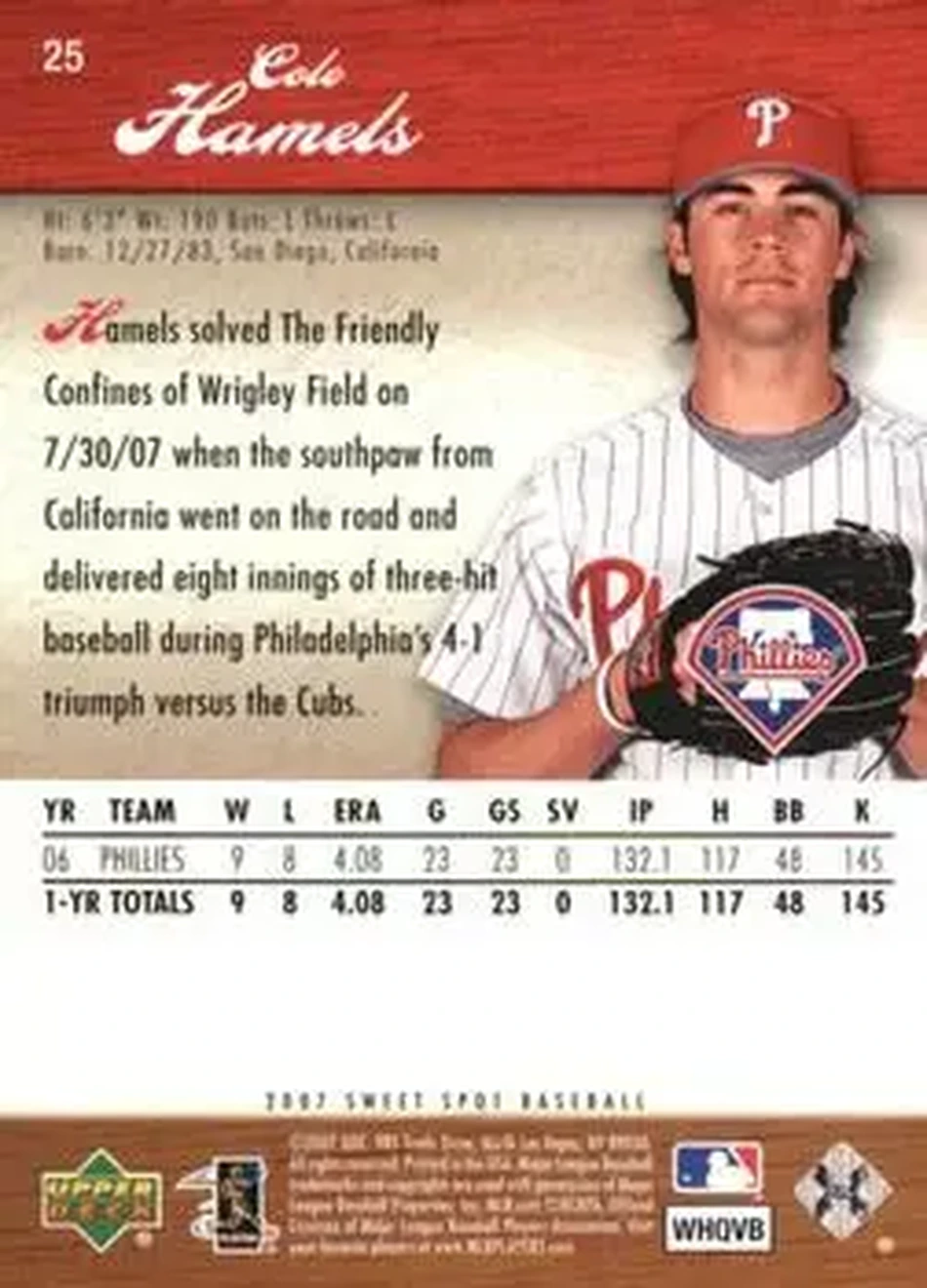2007 Upper Deck Sweet Spot #25 - Cole Hamels - Philadelphia Phillies - Back