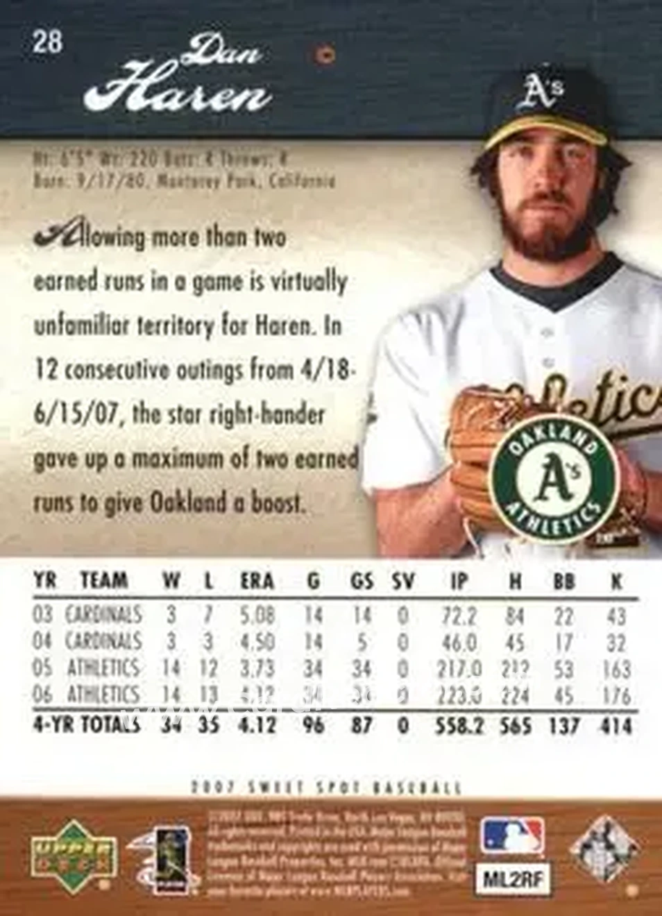 2007 Upper Deck Sweet Spot #28 - Dan Haren - Oakland Athletics - Back 2007 Upper Deck Sweet Spot #28 - Dan Haren - Oakland Athletics - Back