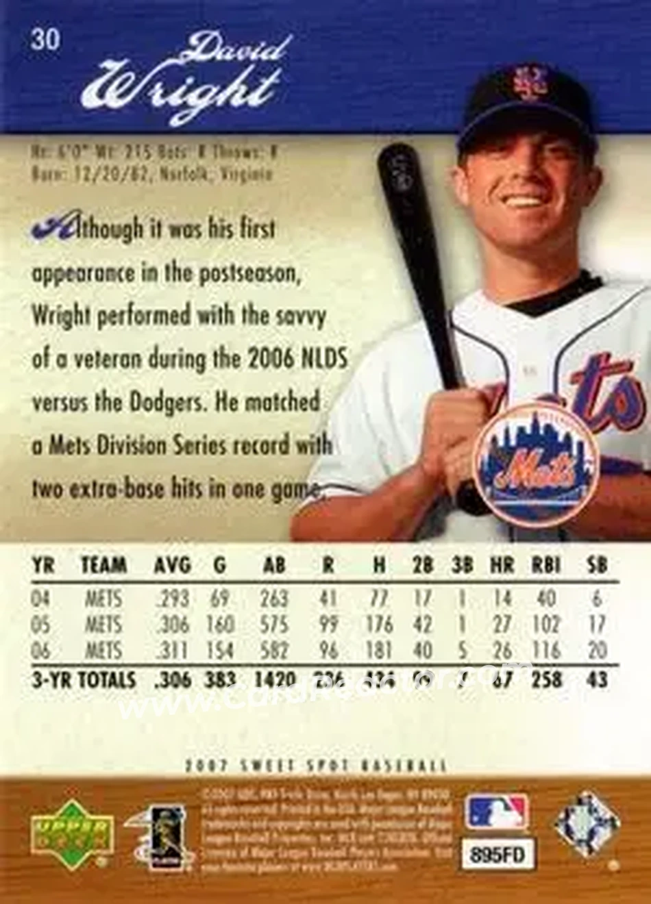 2007 Upper Deck Sweet Spot #30 - David Wright - New York Mets - Back