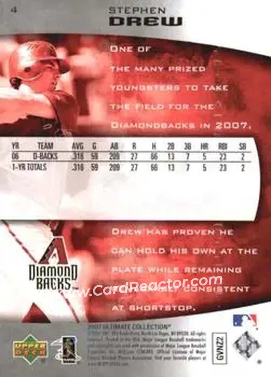 2007 Upper Deck Ultimate Collection #4 - Stephen Drew - Arizona Diamondbacks - Back 2007 Upper Deck Ultimate Collection #4 - Stephen Drew - Arizona Diamondbacks - Back