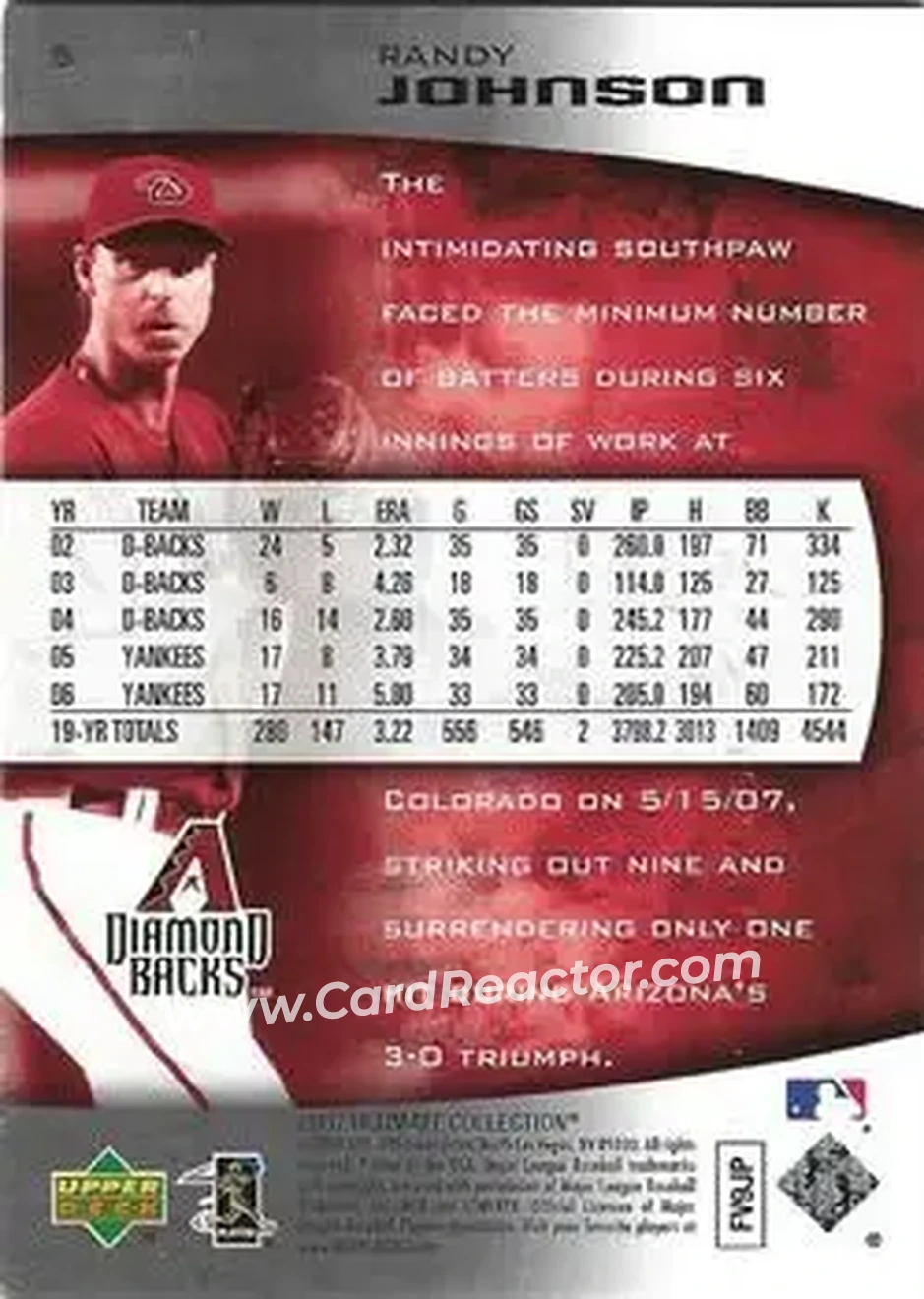 2007 Upper Deck Ultimate Collection #5 - Randy Johnson - Arizona Diamondbacks - Back 2007 Upper Deck Ultimate Collection #5 - Randy Johnson - Arizona Diamondbacks - Back