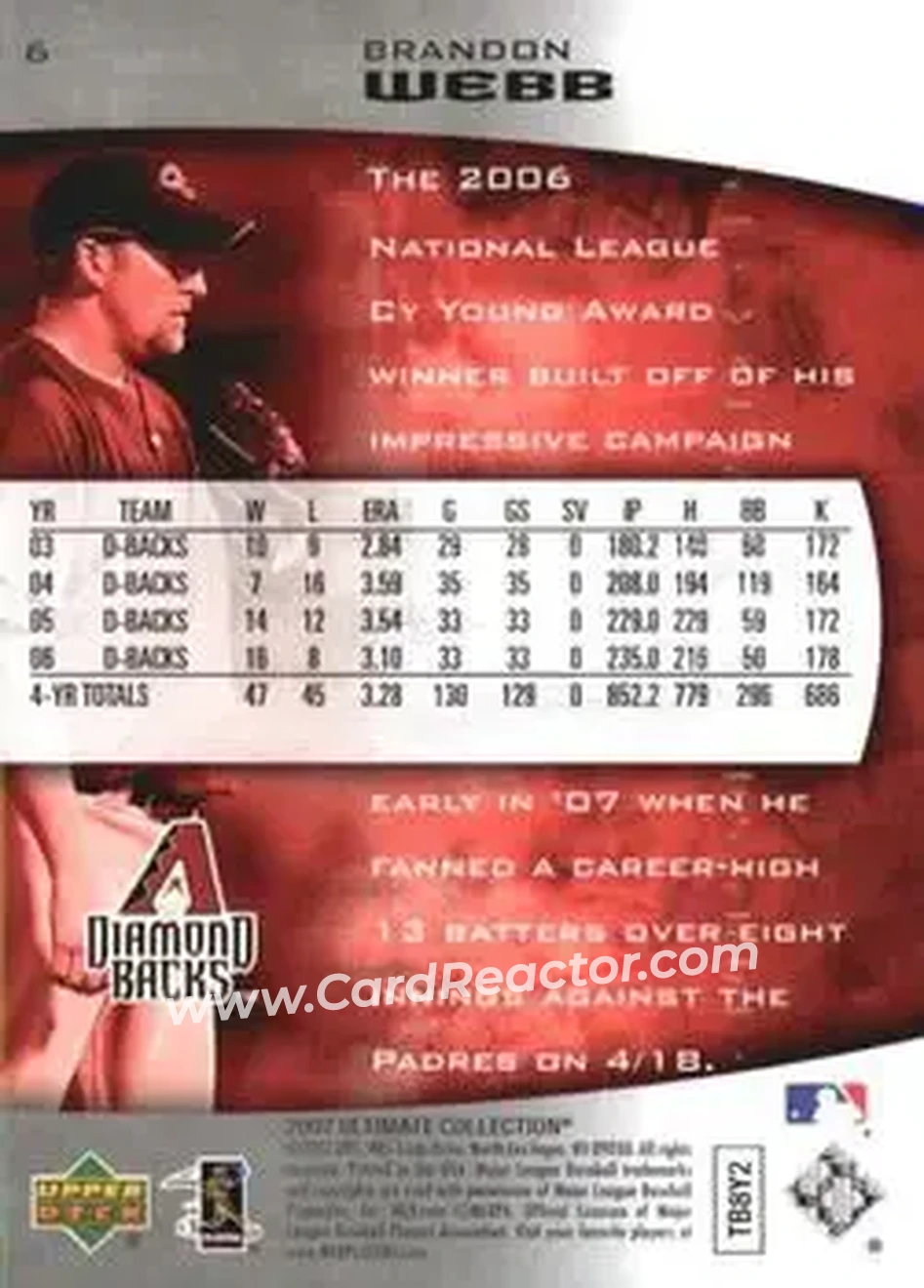 2007 Upper Deck Ultimate Collection #6 - Brandon Webb - Arizona Diamondbacks - Back 2007 Upper Deck Ultimate Collection #6 - Brandon Webb - Arizona Diamondbacks - Back