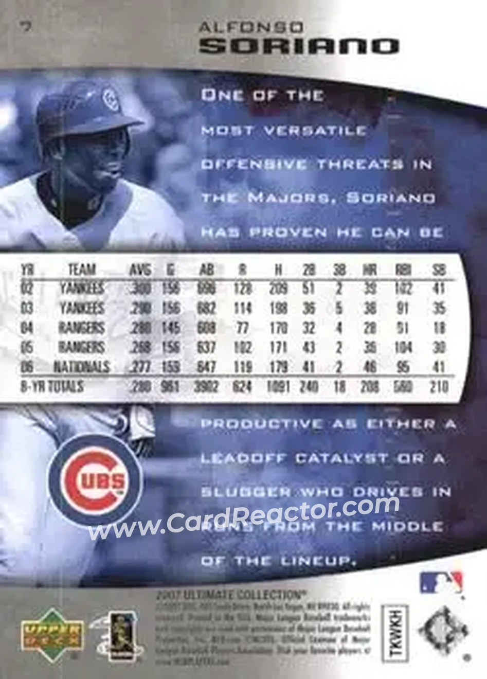 2007 Upper Deck Ultimate Collection #7 - Alfonso Soriano - Chicago Cubs - Back 2007 Upper Deck Ultimate Collection #7 - Alfonso Soriano - Chicago Cubs - Back