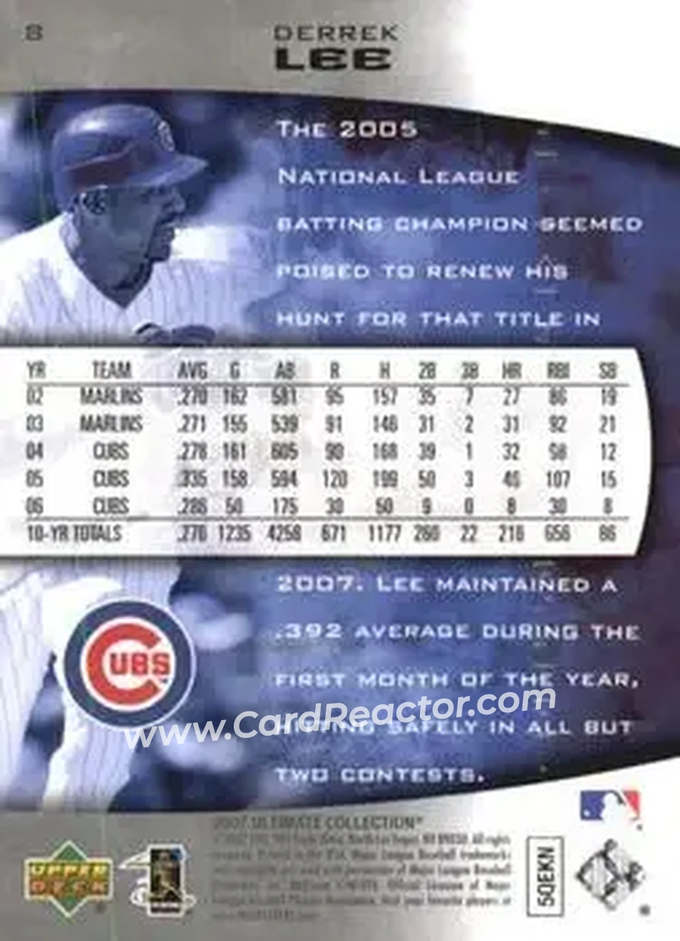 2007 Upper Deck Ultimate Collection #8 - Derrek Lee - Chicago Cubs - Back 2007 Upper Deck Ultimate Collection #8 - Derrek Lee - Chicago Cubs - Back