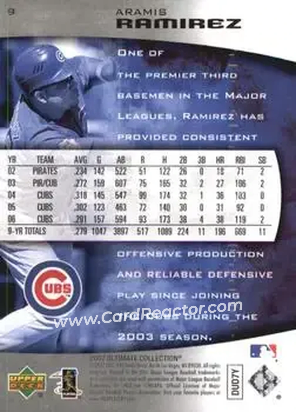 2007 Upper Deck Ultimate Collection #9 - Aramis Ramirez - Chicago Cubs - Back 2007 Upper Deck Ultimate Collection #9 - Aramis Ramirez - Chicago Cubs - Back