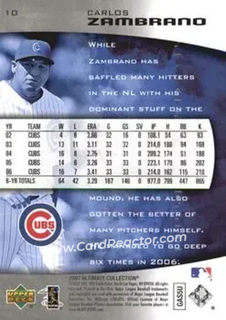 2007 Upper Deck Ultimate Collection #10 - Carlos Zambrano - Chicago Cubs - Back 2007 Upper Deck Ultimate Collection #10 - Carlos Zambrano - Chicago Cubs - Back