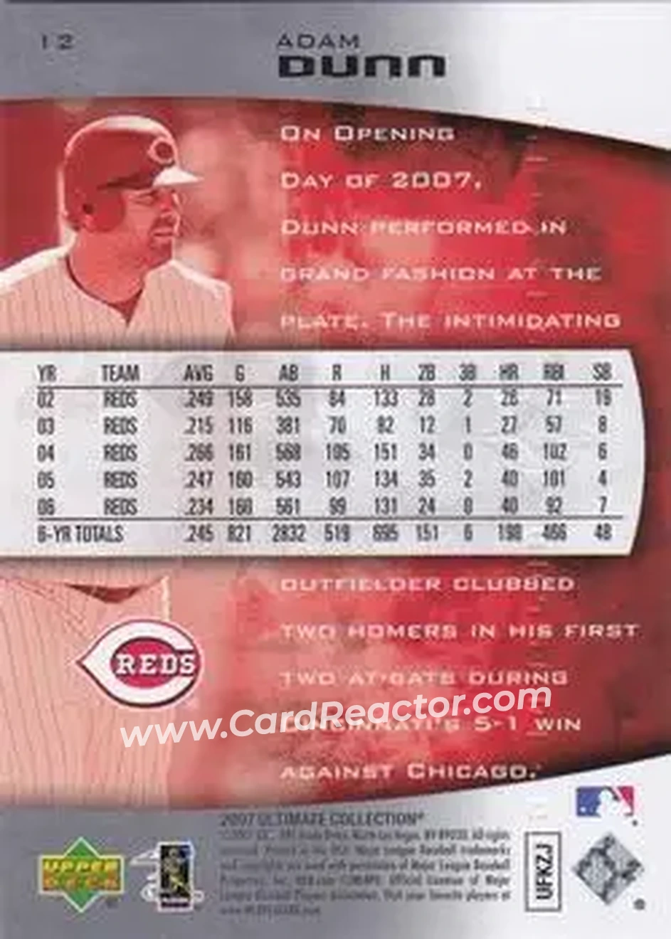 2007 Upper Deck Ultimate Collection #12 - Adam Dunn - Cincinnati Reds - Back