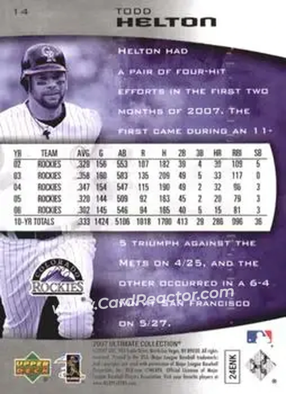 2007 Upper Deck Ultimate Collection #14 - Todd Helton - Colorado Rockies - Back