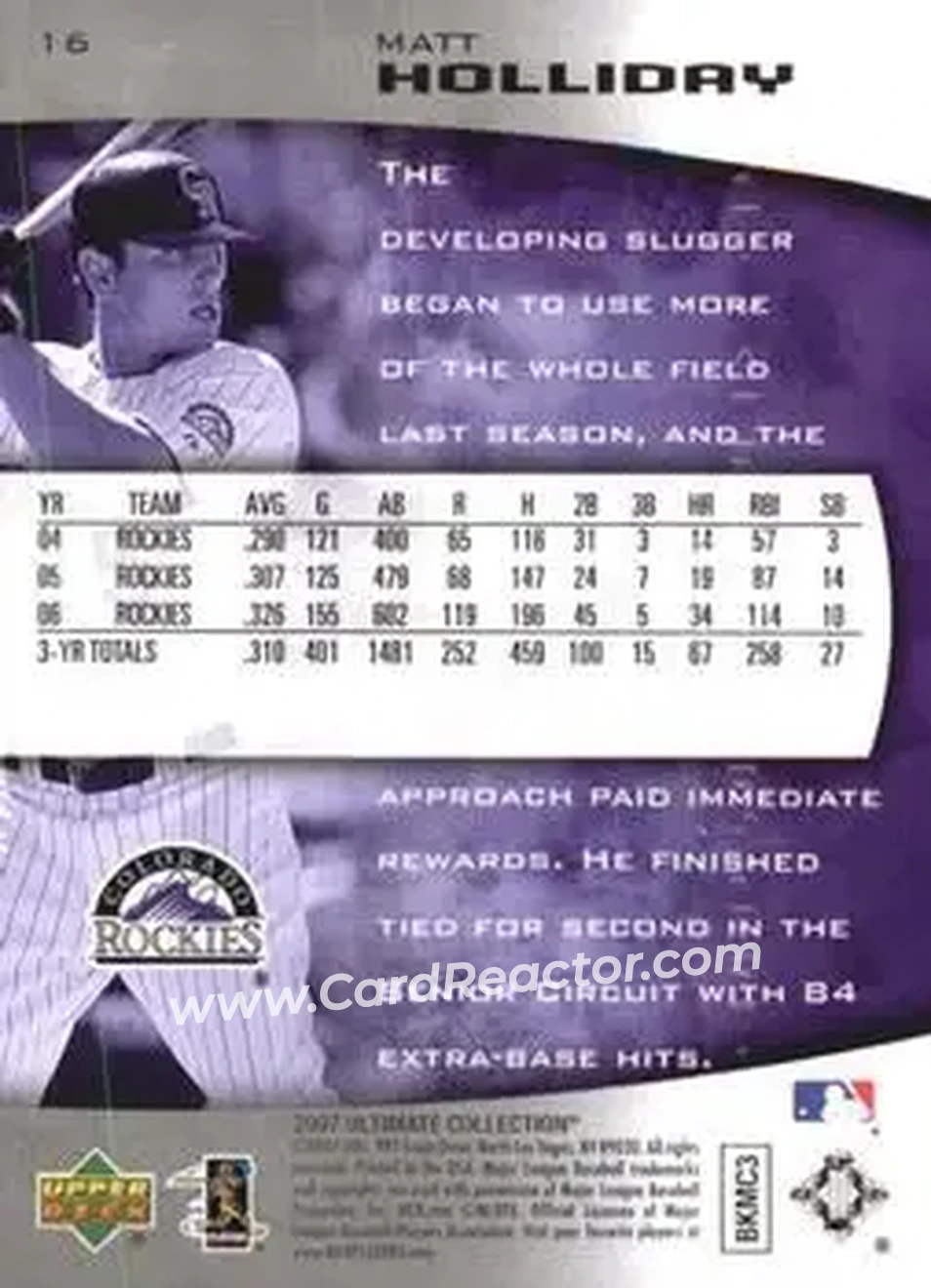 2007 Upper Deck Ultimate Collection #16 - Matt Holliday - Colorado Rockies - Back