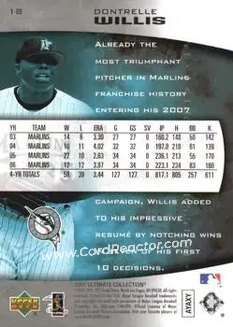 2007 Upper Deck Ultimate Collection #18 - Dontrelle Willis - Florida Marlins - Back
