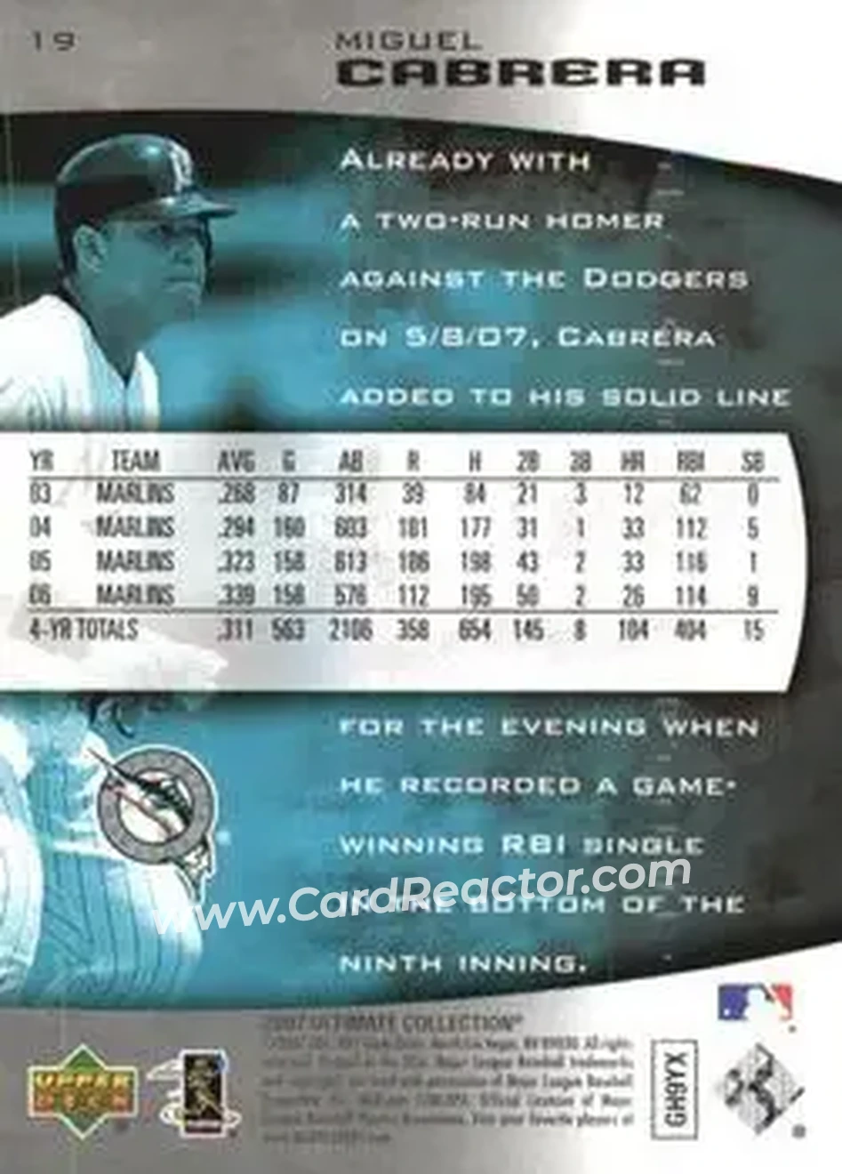 2007 Upper Deck Ultimate Collection #19 - Miguel Cabrera - Florida Marlins - Back