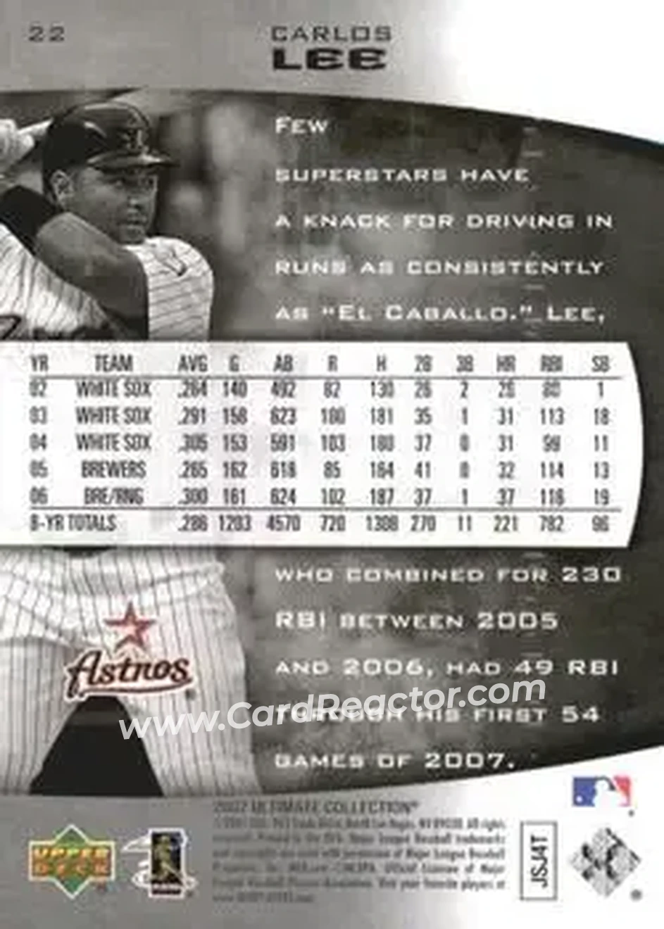 2007 Upper Deck Ultimate Collection #22 - Carlos Lee - Houston Astros - Back