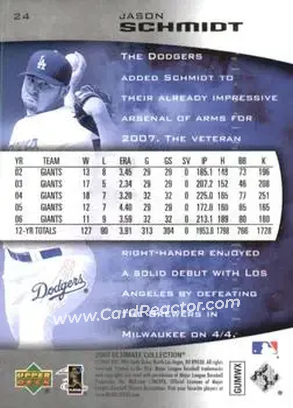2007 Upper Deck Ultimate Collection #24 - Jason Schmidt - Los Angeles Dodgers - Back