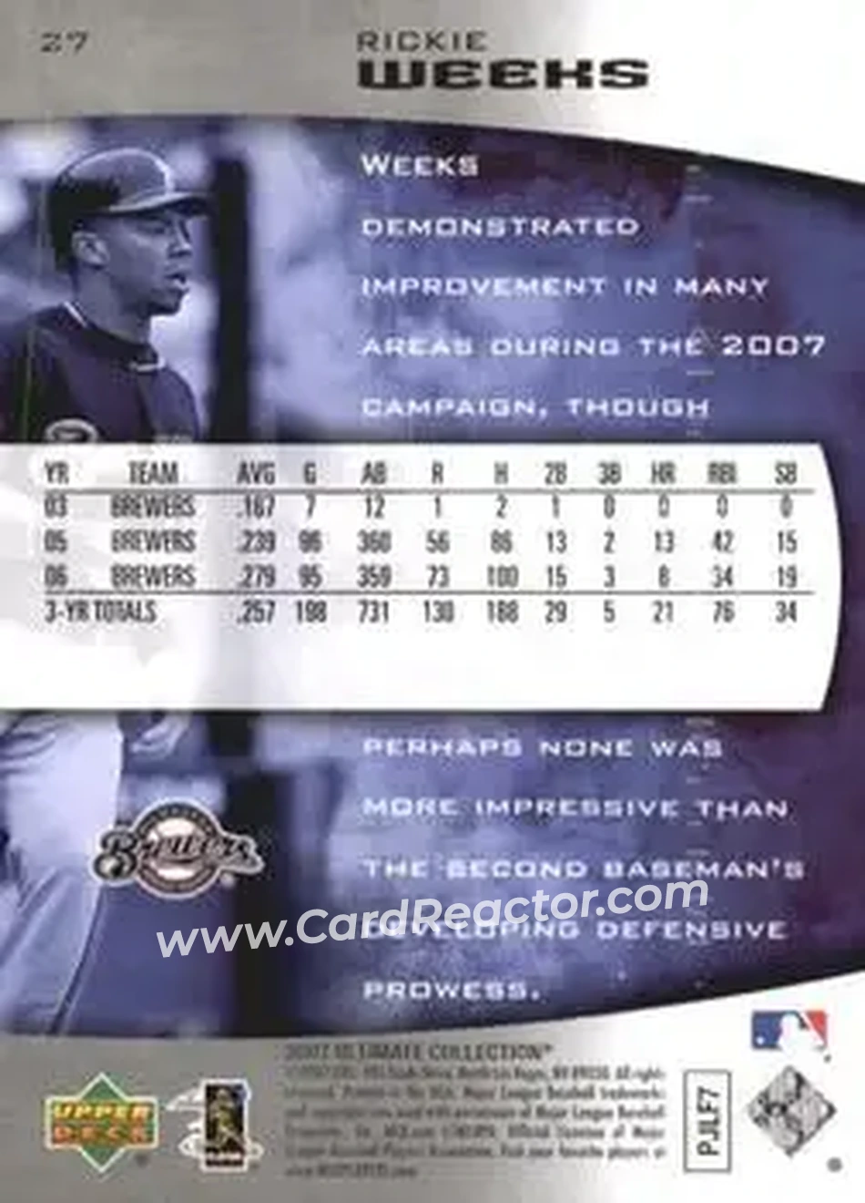 2007 Upper Deck Ultimate Collection #27 - Rickie Weeks - Milwaukee Brewers - Back