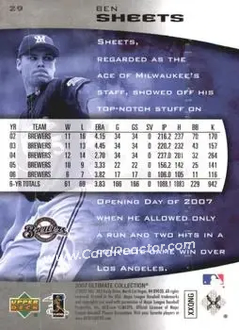 2007 Upper Deck Ultimate Collection #29 - Ben Sheets - Milwaukee Brewers - Back 2007 Upper Deck Ultimate Collection #29 - Ben Sheets - Milwaukee Brewers - Back