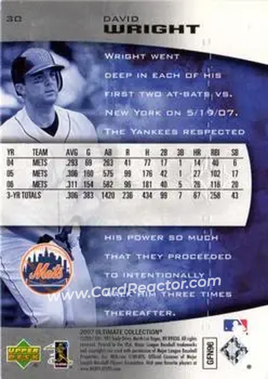 2007 Upper Deck Ultimate Collection #30 - David Wright - New York Mets - Back