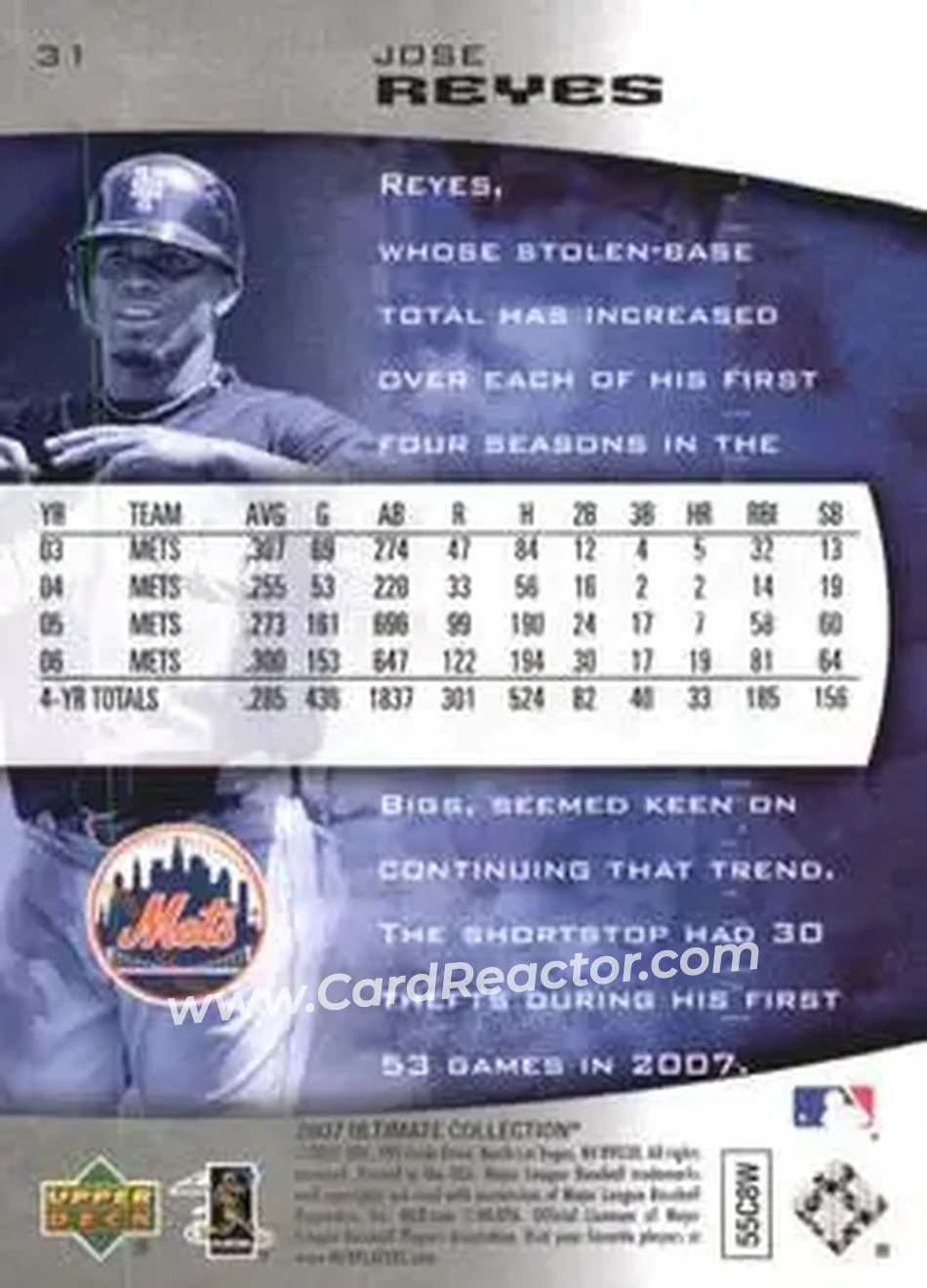 2007 Upper Deck Ultimate Collection #31 - Jose Reyes - New York Mets - Back