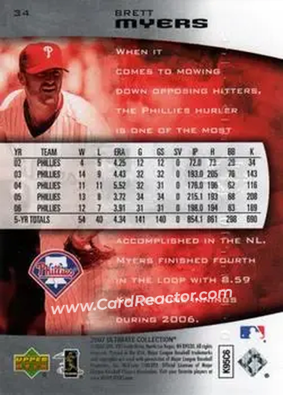 2007 Upper Deck Ultimate Collection #34 - Brett Myers - Philadelphia Phillies - Back 2007 Upper Deck Ultimate Collection #34 - Brett Myers - Philadelphia Phillies - Back