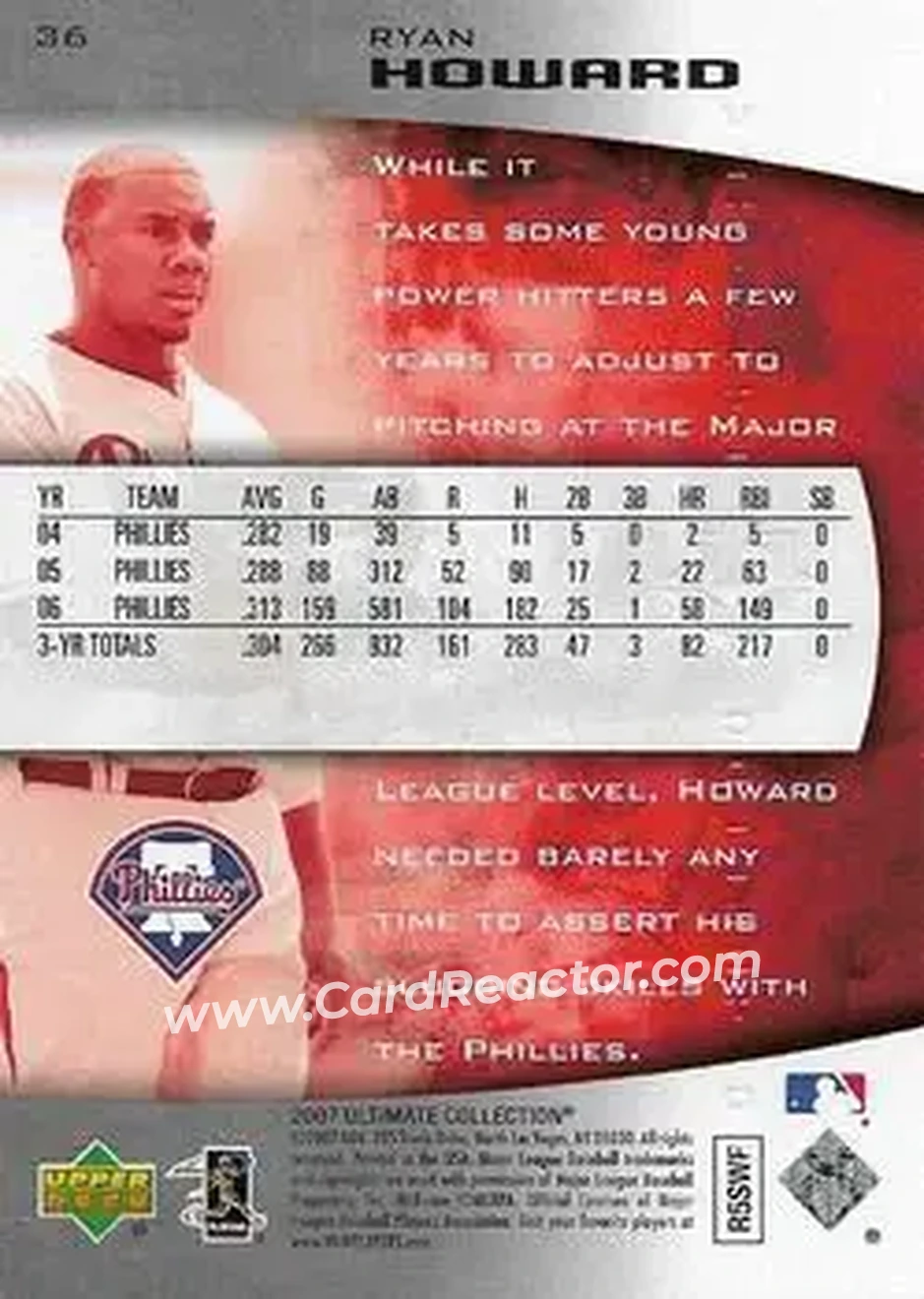 2007 Upper Deck Ultimate Collection #36 - Ryan Howard - Philadelphia Phillies - Back 2007 Upper Deck Ultimate Collection #36 - Ryan Howard - Philadelphia Phillies - Back