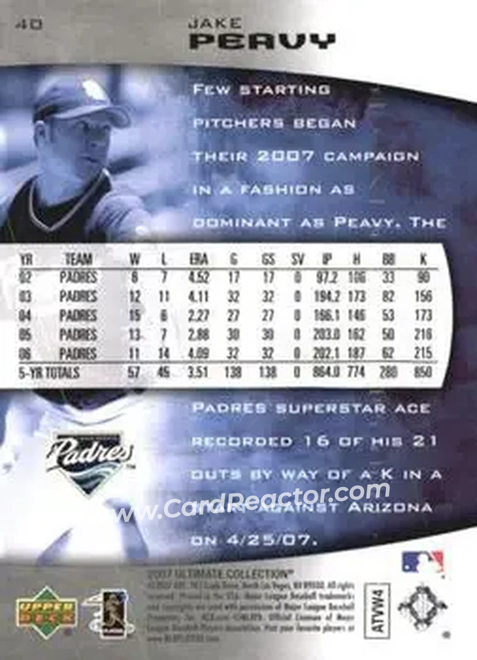 2007 Upper Deck Ultimate Collection #40 - Jake Peavy - San Diego Padres - Back 2007 Upper Deck Ultimate Collection #40 - Jake Peavy - San Diego Padres - Back