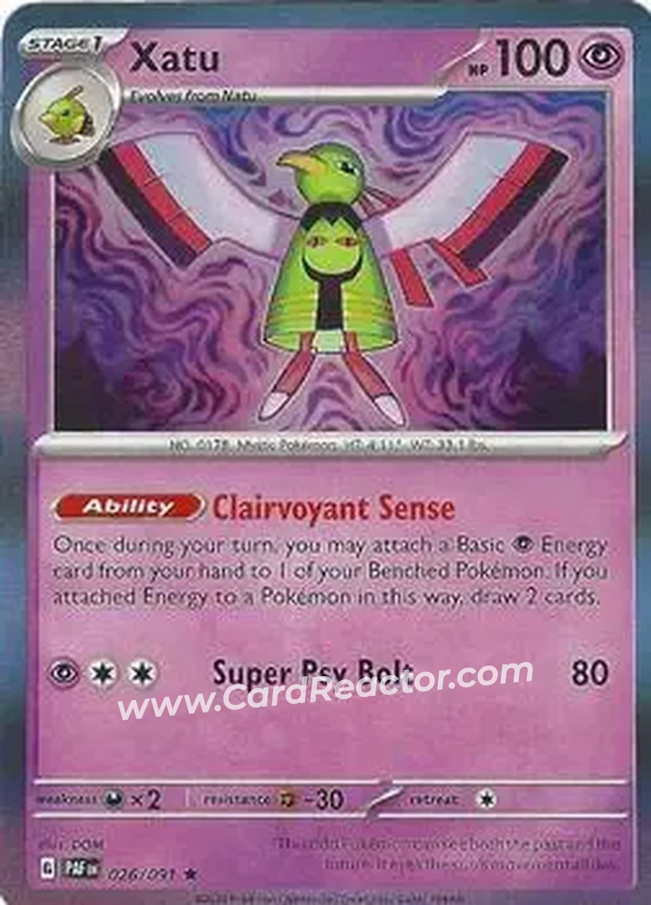 2024 Pokemon Scarlet & Violet Paldean Fates #026/091 - Xatu - Front
