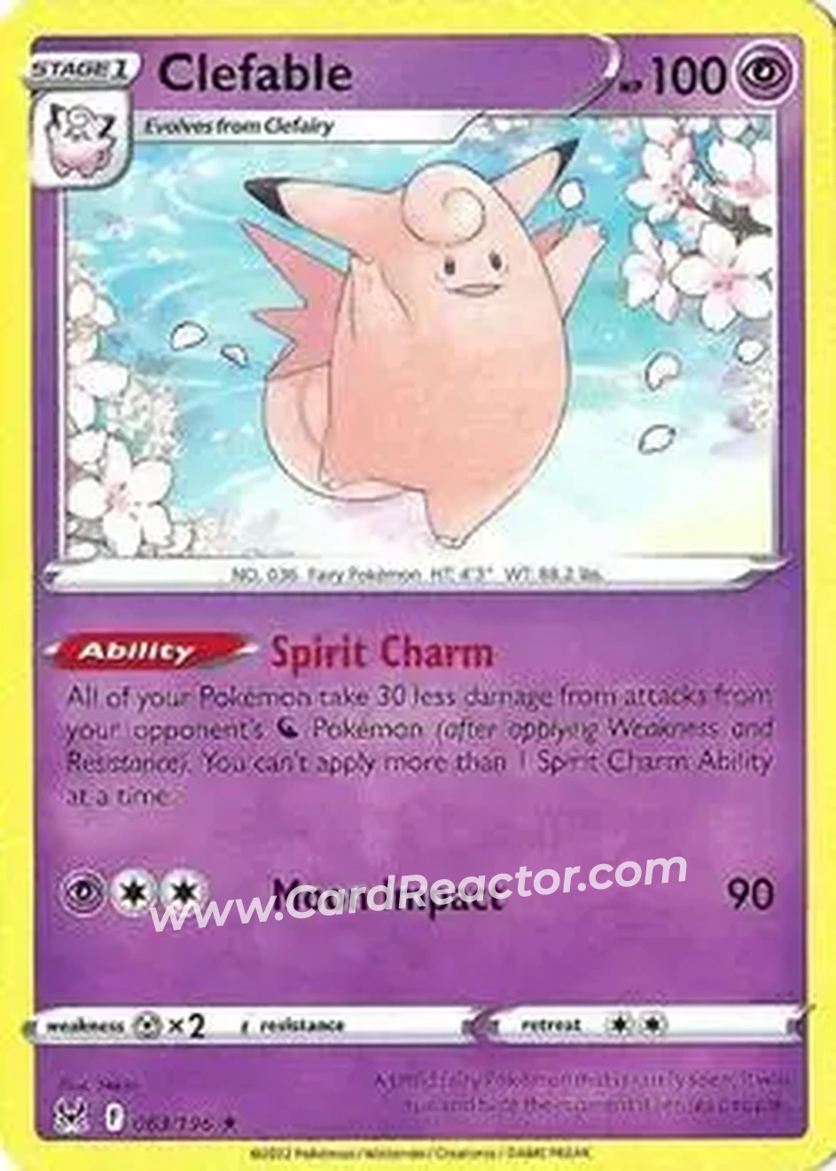 2022 Pokemon Sword & Shield Lost Origin #063/196 - Clefable - Front