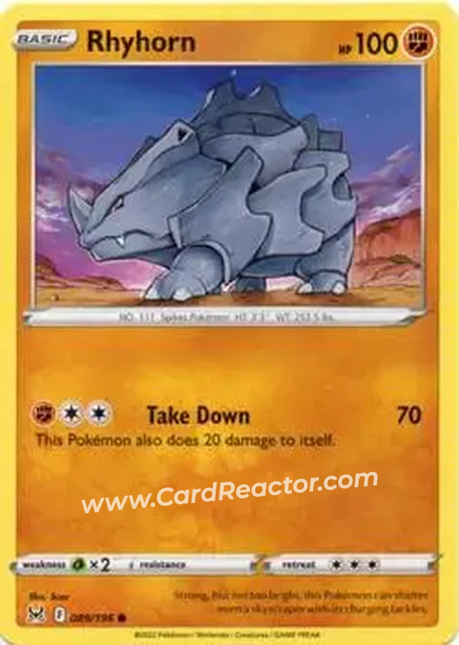 2022 Pokemon Sword & Shield Lost Origin #089/196 - Rhyhorn - Front