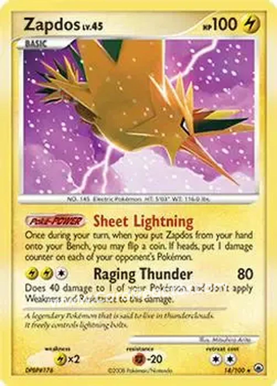 2008 Pokemon Diamond & Pearl Majestic Dawn #14/100 - Zapdos - Front